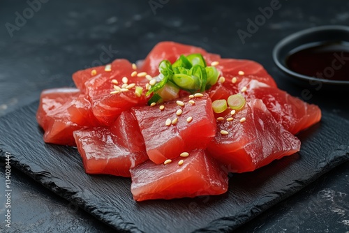 Ahi Tuna Sashimi with Sesame Seeds and Green Onions on Black Slate