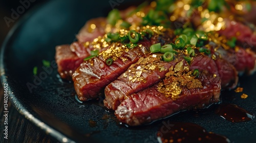 Gourmet Wagyu Beef Sushi with Gold Flakes and Scallions
