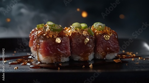 Wagyu Beef Sushi with Gold Flakes and Scallions