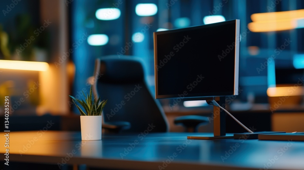 Modern office workspace at night Modern office workspace at night