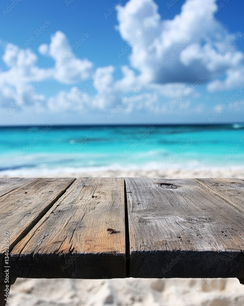 Fototapeta premium Serene tropical beach scene with weathered wooden table turquoise water and azure sky creating a tranquil and inviting summer vacation backdrop
