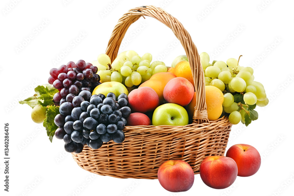 Wicker Basket Filled with Variety of Ripe Fruits Including Grapes Apples and Peaches on a Transparent Background Wicker Basket Filled with Variety of Ripe Fruits Including Grapes Apples and Peaches on a Transparent Background