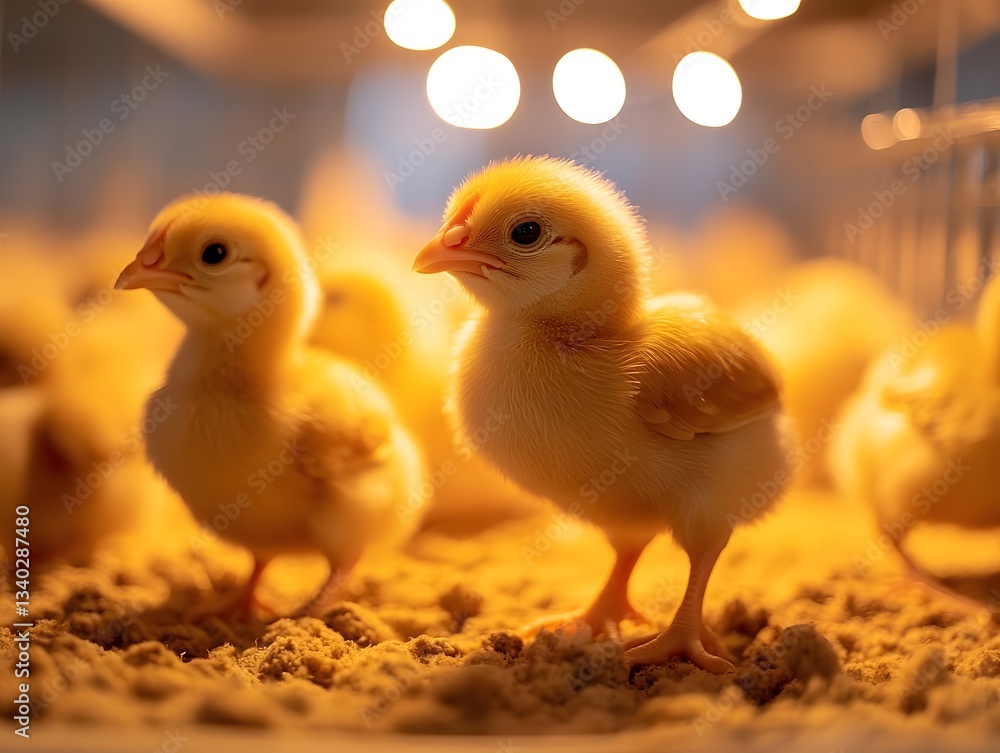 Fluffy chicks in a warm brooder at an early poultry farm Fluffy chicks in a warm brooder at an early poultry farm