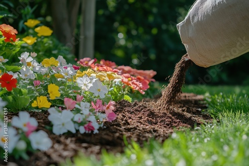 A bag of mulch is poured out onto a garden path