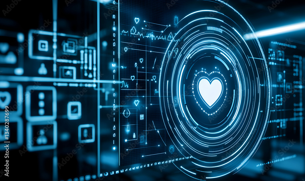 Futuristic digital heart health monitor interface. Abstract technological background with glowing heart symbol and data. Futuristic digital heart health monitor interface. Abstract technological background with glowing heart symbol and data.