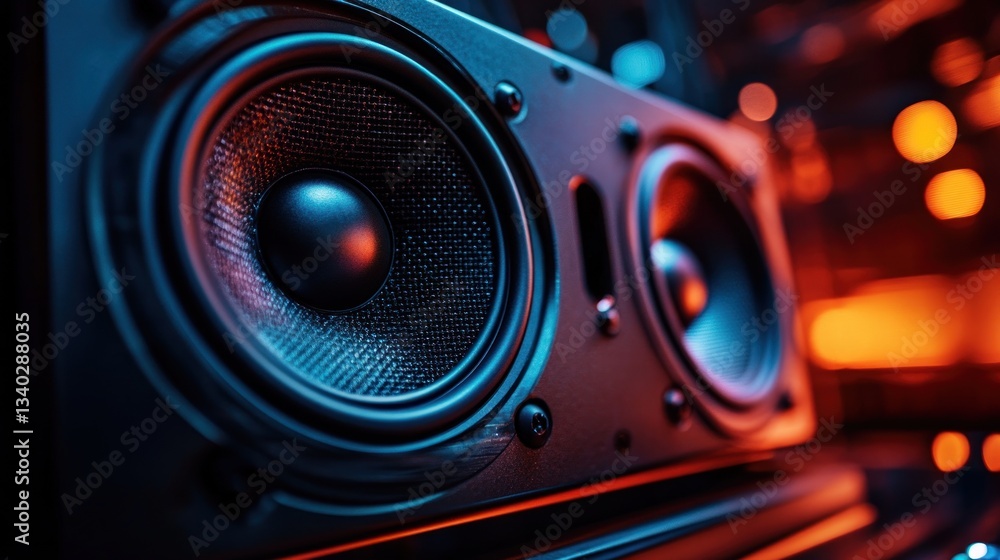 Fototapeta premium Close-up of speakers, studio, vibrant lighting, audio equipment