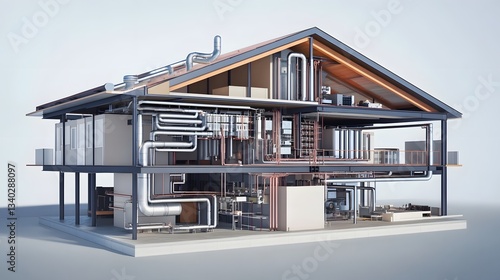 Detailed 3D cross-section of a building's MEP systems