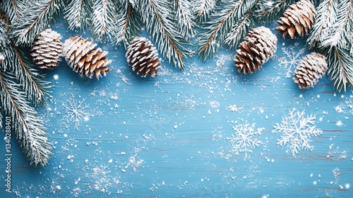 Festive Winter Holiday Background with Snow Covered Pine Cones and Branches on a Blue Wooden Surface for Seasonal Greetings