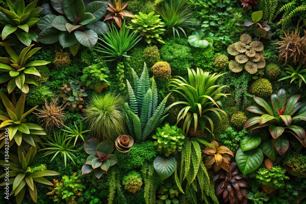 Lush Vertical Garden: 3D Top View Succulent & Fern Wall Lush Vertical Garden: 3D Top View Succulent & Fern Wall