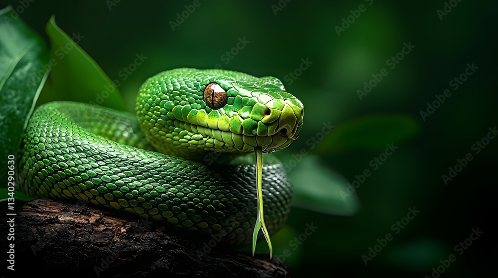 Obraz premium Shimmering Green Anaconda Coiled Around Tree Branch in the Lush Amazon Rainforest Powerful Predator of the Tropical Jungle Ecosystem