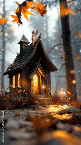 Enchanted Wooden Cottage in Autumn Forest
