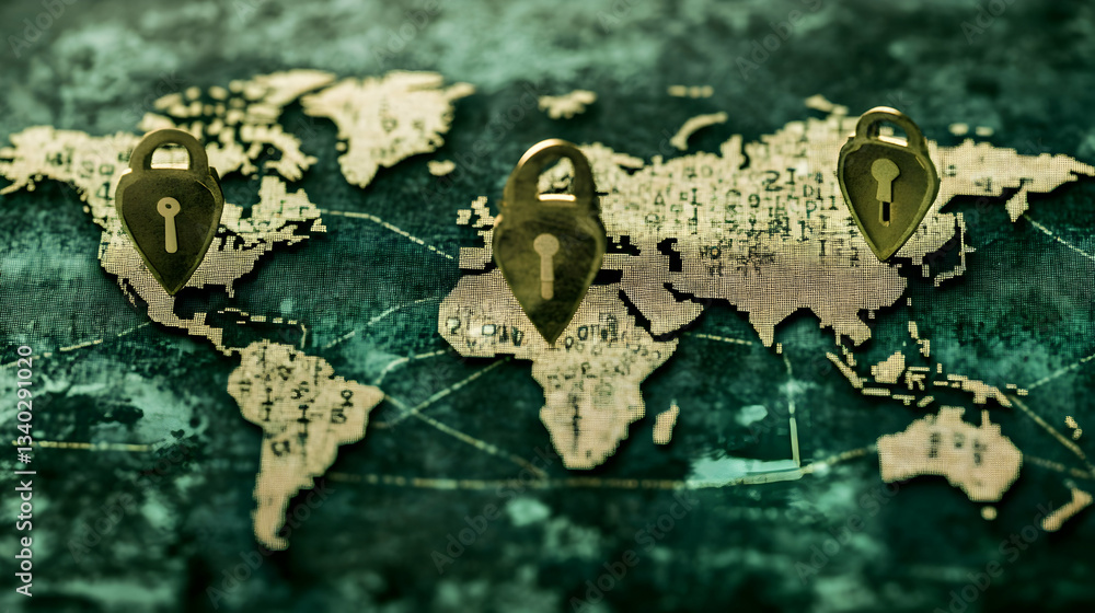 Naklejka premium Global security concept three miniature padlocks on a world map, symbolizing international data protection and cybersecurity.