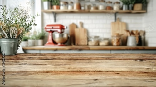 Cozy and warm farmhouse style kitchen interior with wooden shelves cooking utensils and various kitchen appliances and ingredients  Rustic natural and homemade atmosphere for food and cooking