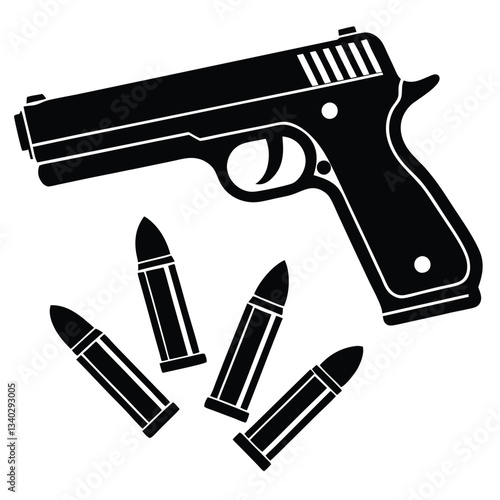 Handgun with bullets on a white background