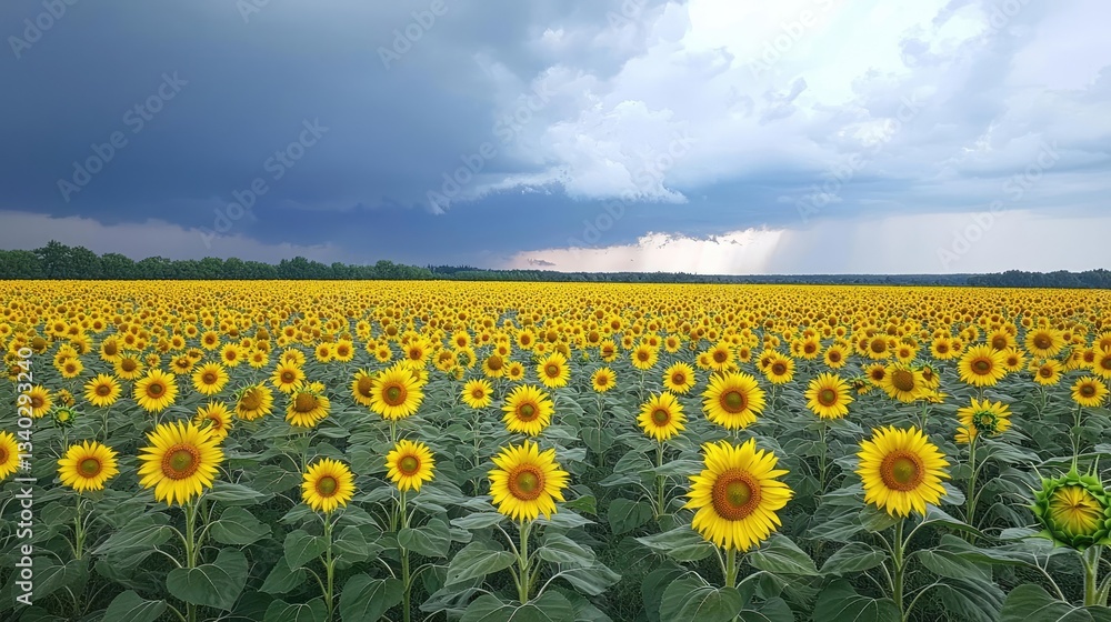 Fototapeta premium Macro flowers landscapes concept. Vibrant sunflower field under a dramatic sky with dark clouds in the background.