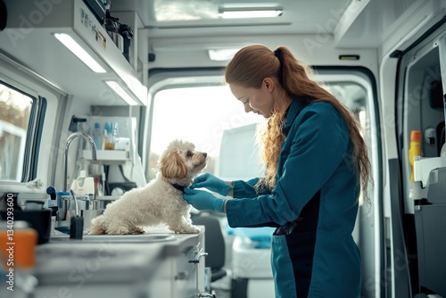 A mobile veterinary clinic where a vet checks a Maltipoo inside a pet-friendly van.