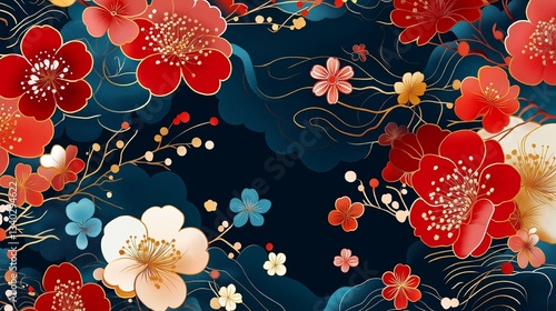 Fototapeta Naklejka Na Ścianę i Meble -  優雅な牡丹と金縁装飾の和柄｜日本の伝統模様・黒背景に映える華やかな花々・和モダンデザイン・和柄壁紙・和装テキスタイル・高級感のある和風インテリア素材