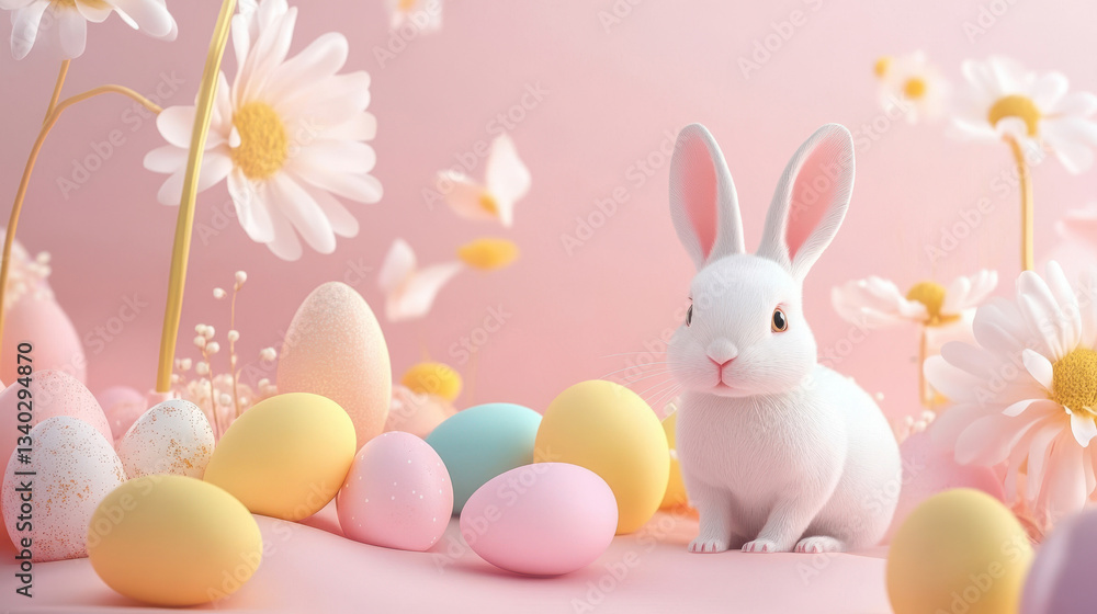 Fototapeta premium easter day with pastel eggs and backgrond with white rabbit