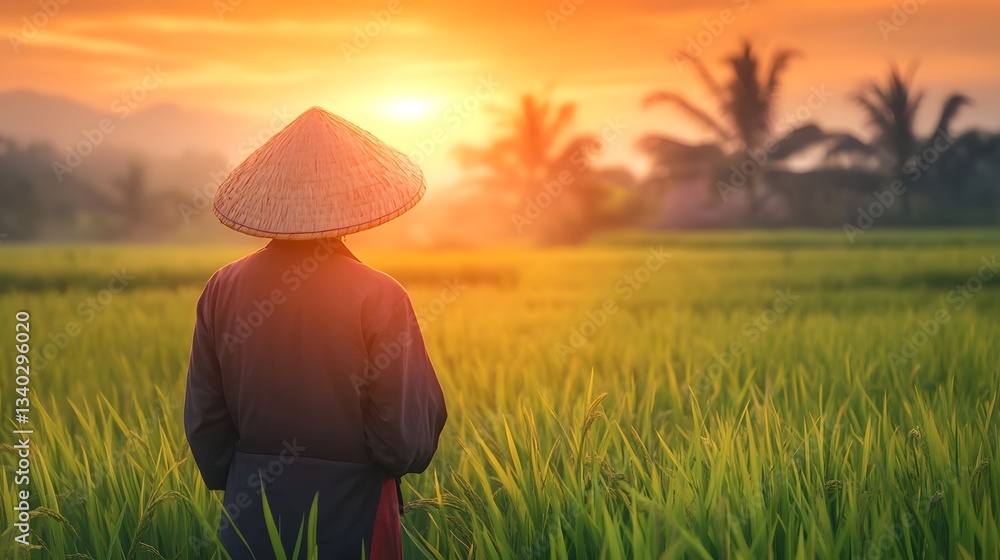 Fototapeta premium Elderly Asian farmer standing in lush rice field at sunrise