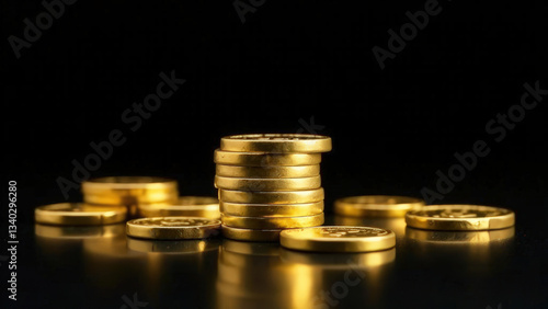 Stack of shiny gold coins with scattered coins on reflective black surface. Concept of wealth, investment, finance, banking, cryptocurrency, and financial success