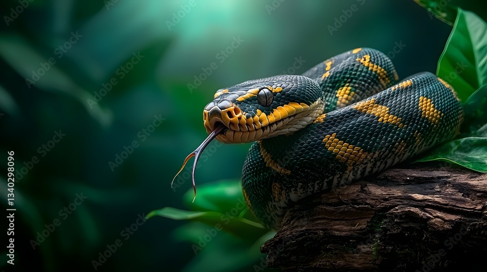 Close up of a python snake coiled around a thick jungle branch its patterned scales gleaming in the soft ambient light of the rainforest Nature wildlife photography with copy space Close up of a python snake coiled around a thick jungle branch its patterned scales gleaming in the soft ambient light of the rainforest Nature wildlife photography with copy space