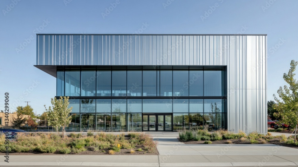 Obraz premium Modern office building facade with large windows and metal siding.