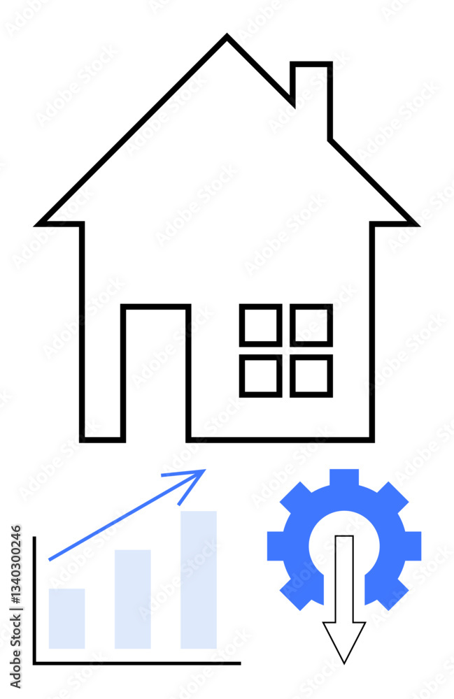Minimalist house outline, rising bar chart with arrow, and gear with downward arrow. Ideal for real estate, economics, sustainability, growth strategy, planning productivity improvement. Flat Minimalist house outline, rising bar chart with arrow, and gear with downward arrow. Ideal for real estate, economics, sustainability, growth strategy, planning productivity improvement. Flat