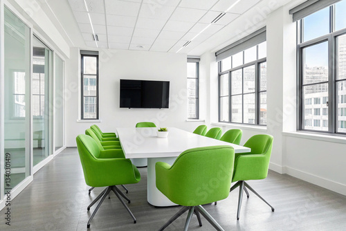 Bright modern office boardroom with vibrant green chairs, white walls and television