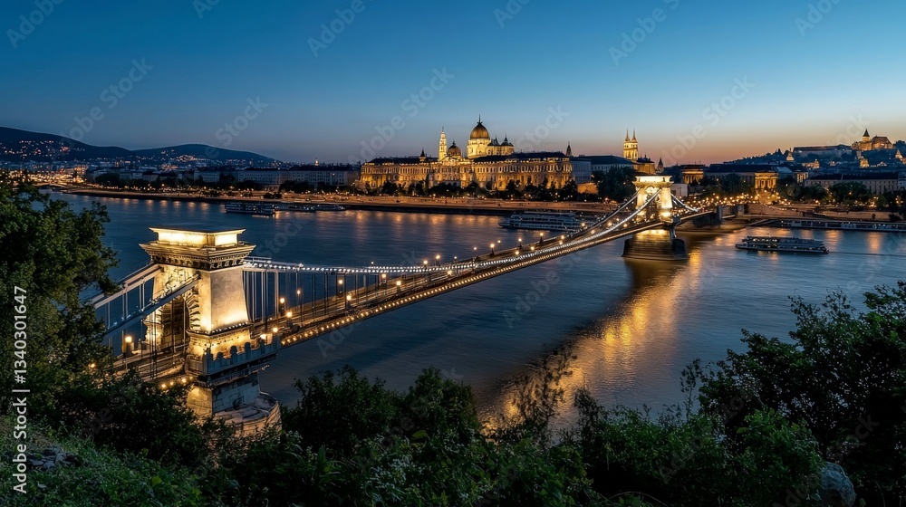 Obraz premium Illuminated chain bridge and parliament at dusk budapest landscape photography urban environment aesthetic view