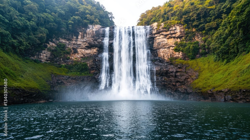Fototapeta premium Waterfall landscapes idea. A majestic waterfall cascades into a serene pool surrounded by lush greenery.