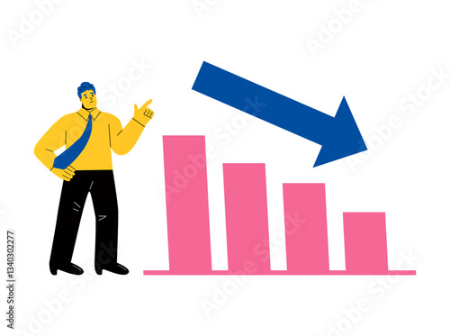 Business man pointing at a declining graph. Flat vector illustration isolated on white background