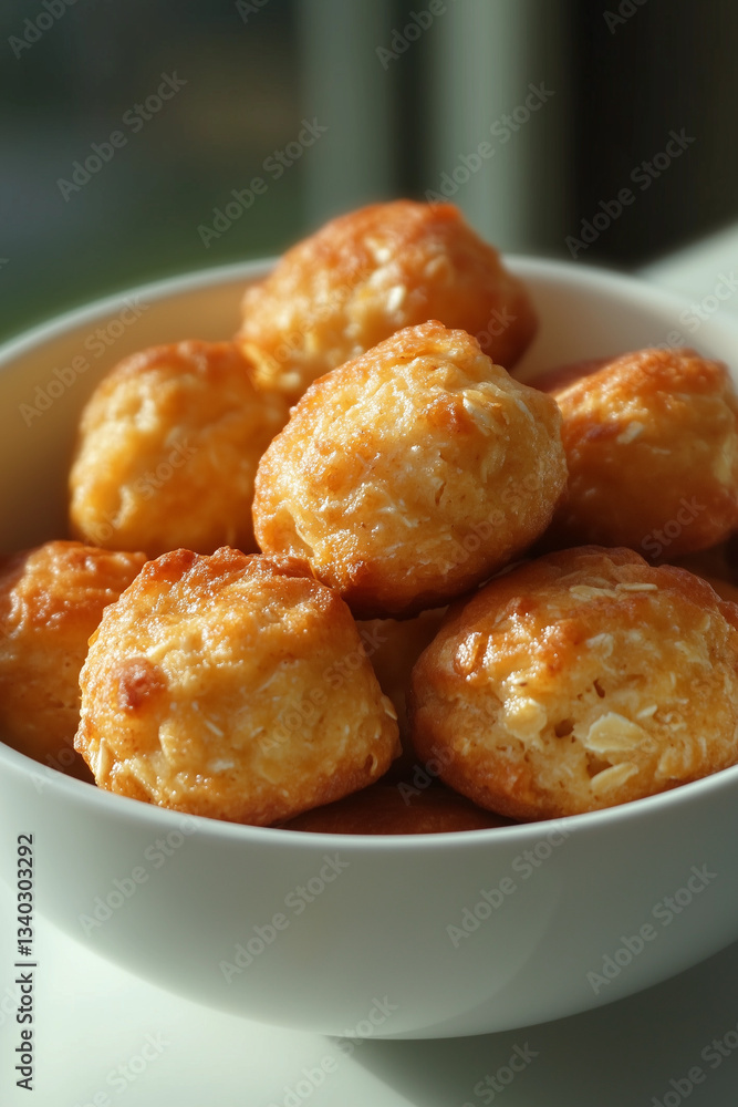 Homemade Banana Oat Bites in a White Bowl with Natural Lighting Homemade Banana Oat Bites in a White Bowl with Natural Lighting