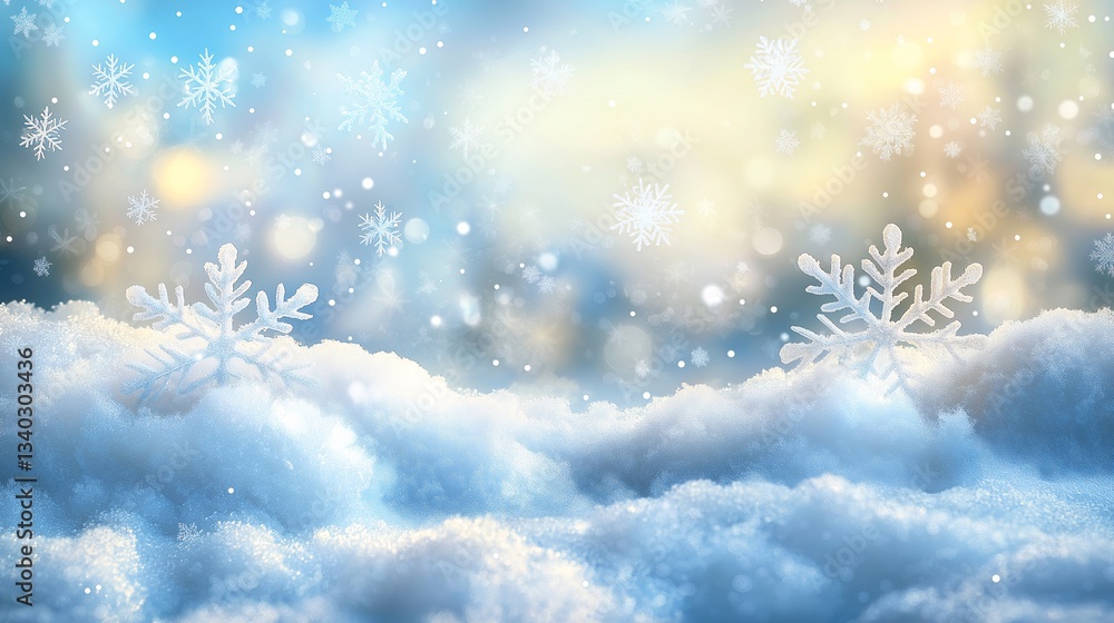 Serene Winter Wonderland: Soft Snowflakes and Blurry Blue Sky Atmosphere Background Serene Winter Wonderland: Soft Snowflakes and Blurry Blue Sky Atmosphere Background