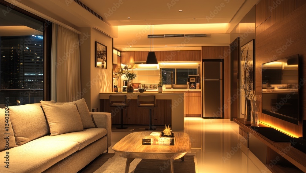 A modern living space with kitchen and city view at night A modern living space with kitchen and city view at night