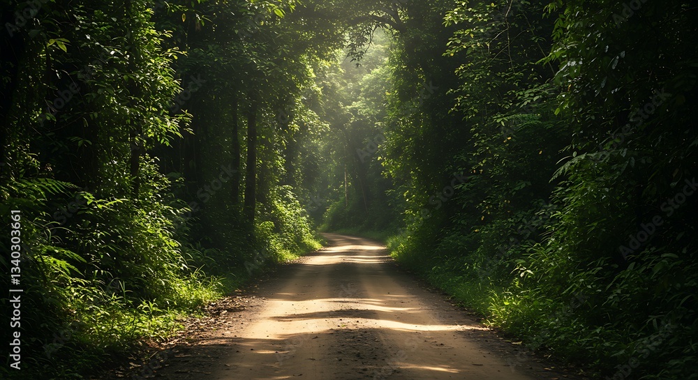 Obraz premium Sun-Dappled Forest Road: A Tranquil Nature Photograph AI Generated