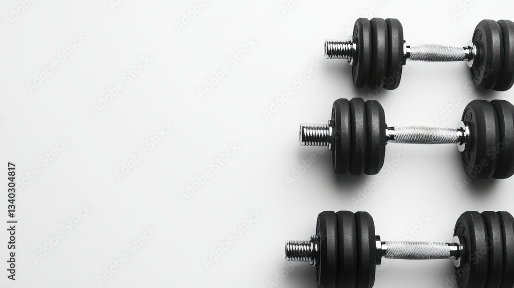 Three dumbbells arranged in a neat row against a simple background. Perfect for fitness or health-related projects. Three dumbbells arranged in a neat row against a simple background. Perfect for fitness or health-related projects.