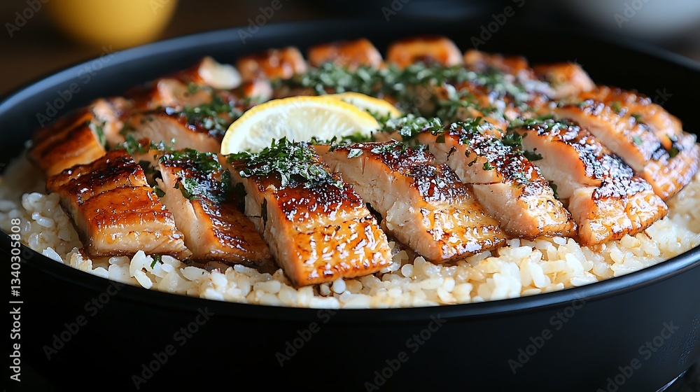 Grilled eel over rice in a black bowl. Grilled eel over rice in a black bowl.