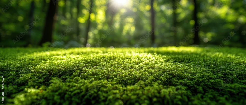 Lush mossy ground in a sunlit forest creating a serene and vibrant natural scene with a low angle perspective and soft bokeh effect Lush mossy ground in a sunlit forest creating a serene and vibrant natural scene with a low angle perspective and soft bokeh effect