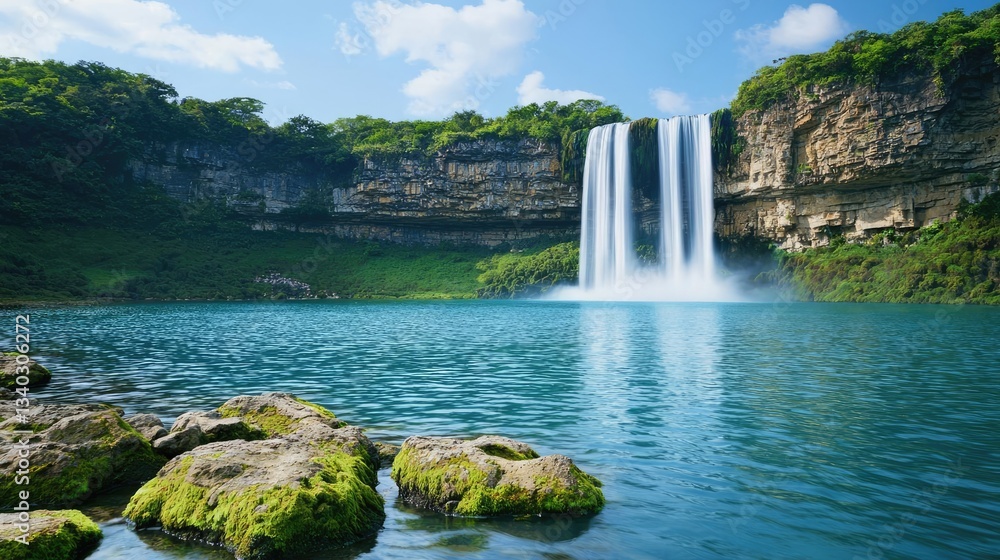 Obraz premium Waterfall landscapes idea. A serene waterfall cascading into a tranquil blue pool surrounded by lush greenery.