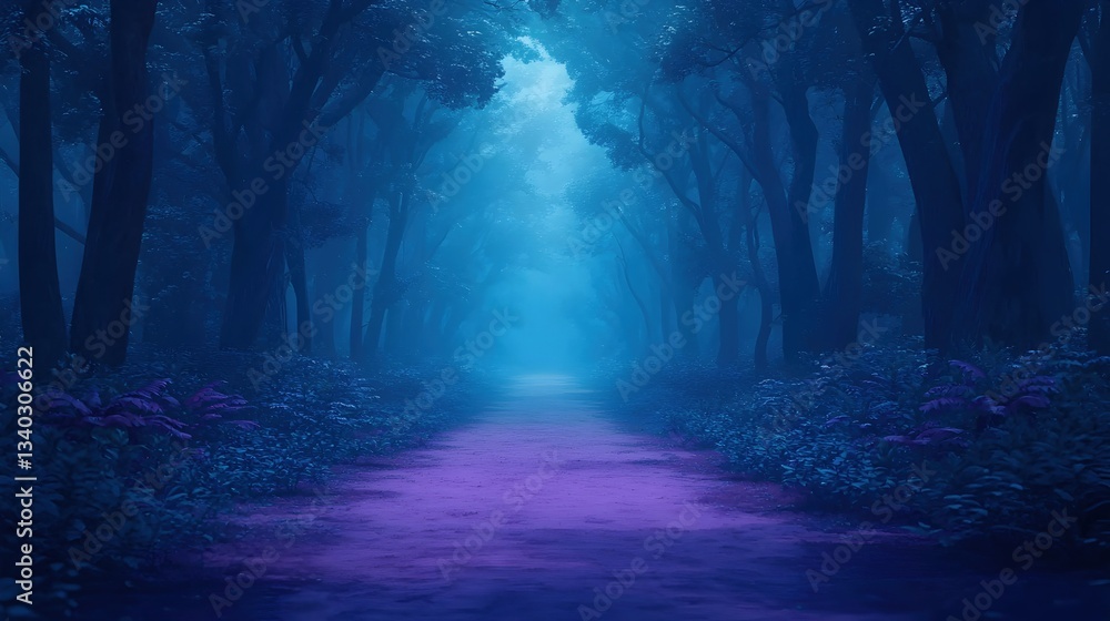 Fototapeta premium Enchanting Misty Forest Path with Ethereal Blue and Purple Hues
