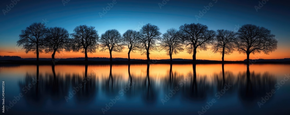 Fototapeta premium Lakeside sunset landscapes idea. Stunning landscape at sunset with silhouetted trees and calm water reflection.