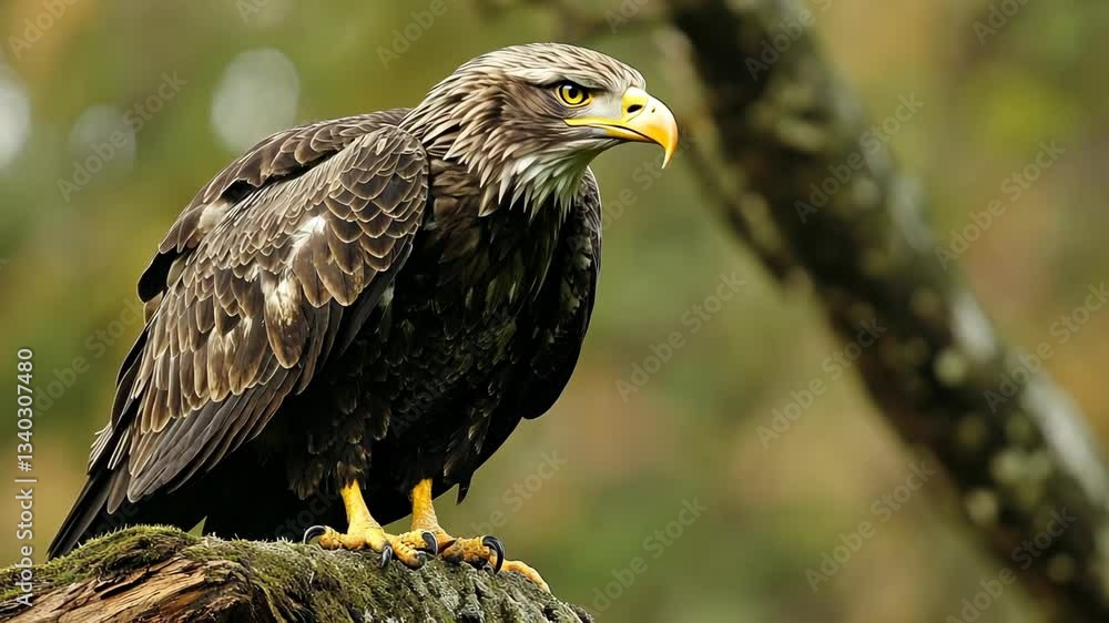 Majestic eagle perched on moss-covered branch in natural habitat during golden hour Majestic eagle perched on moss-covered branch in natural habitat during golden hour