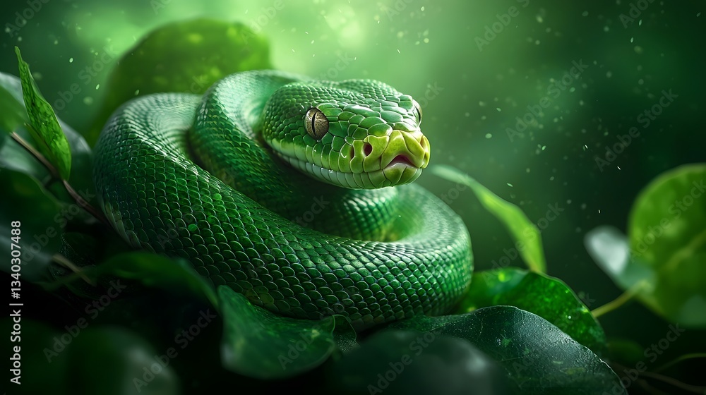 Obraz premium Emerald Tree Boa Curled Around Thick Vine Its Vibrant Green Scales Blending Seamlessly with the Dense Tropical Foliage in this Striking Nature Photography
