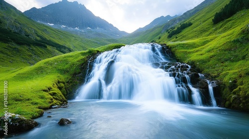 Waterfall landscapes idea. A serene waterfall cascades down lush green hills under a clear blue sky.