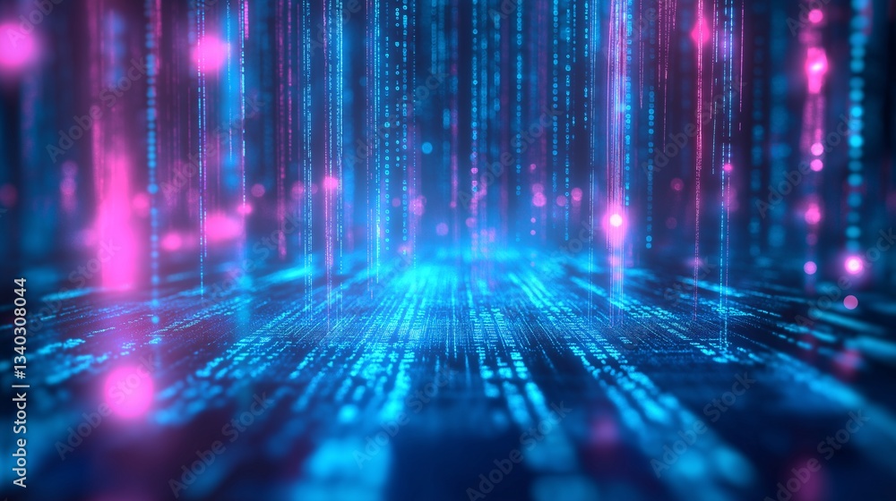 Abstract Digital Technology Background with Neon Blue and Purple Lights: Futuristic Cyber Space Data in Motion Abstract Digital Technology Background with Neon Blue and Purple Lights: Futuristic Cyber Space Data in Motion
