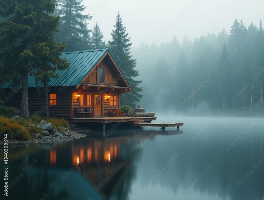 Fototapeta premium Cozy wooden cabin by a lake with pine trees in misty morning light, ideal for a vacation planning retreat.