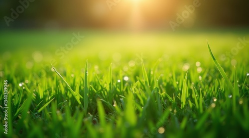 Freshly mowed green grass covered with dewdrops in the early morning sunlight, evoking the freshness and calmness of nature.
