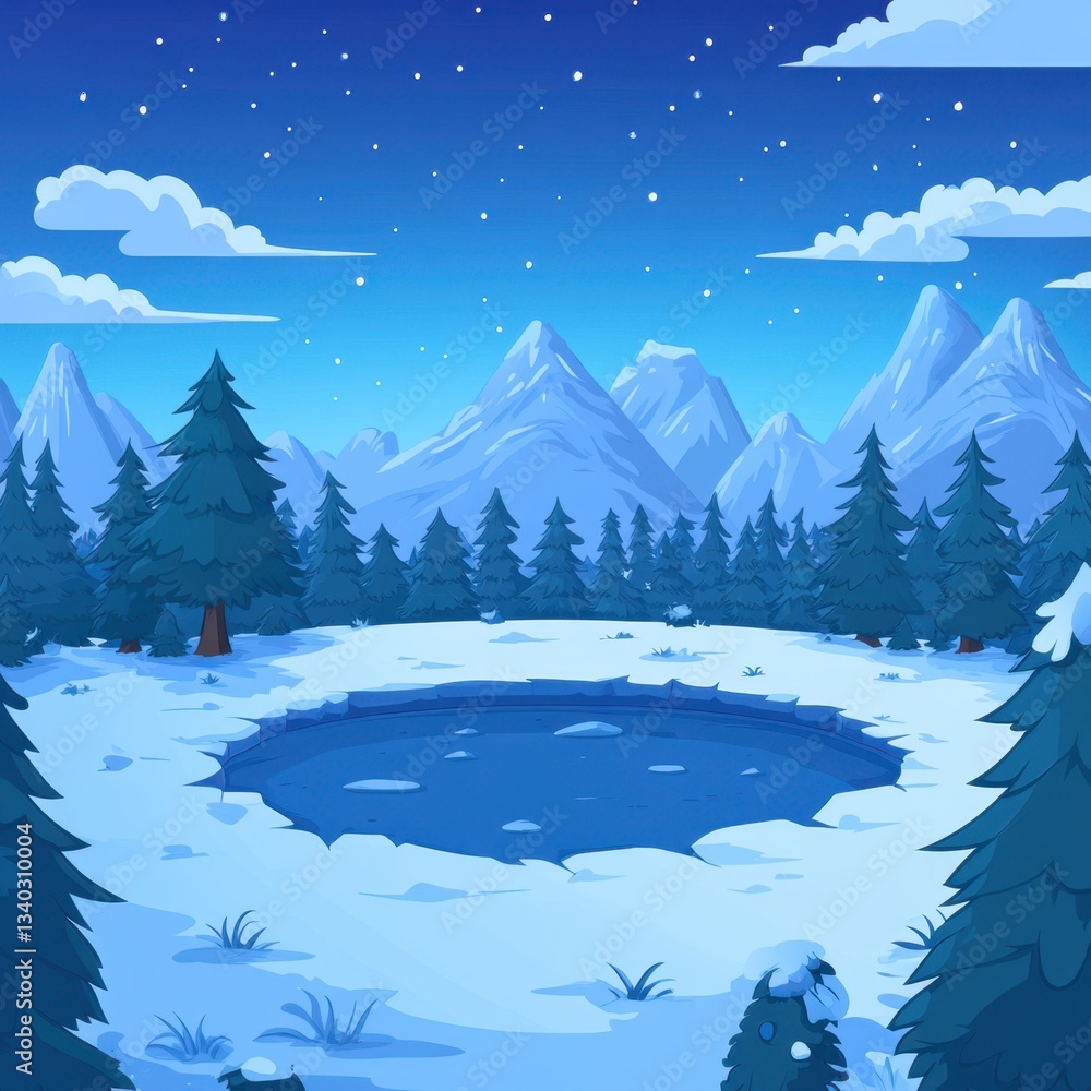 Fototapeta premium Serene winter landscape with snow covered mountains pine trees frozen lake and starry night sky