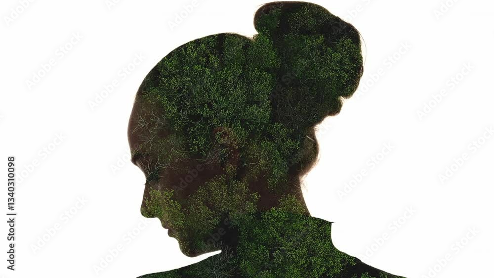 Nature silhouette. Forest conservation. Green trees aerial view in double exposure outline of woman head isolated on white copy space background. Nature silhouette. Forest conservation. Green trees aerial view in double exposure outline of woman head isolated on white copy space background.