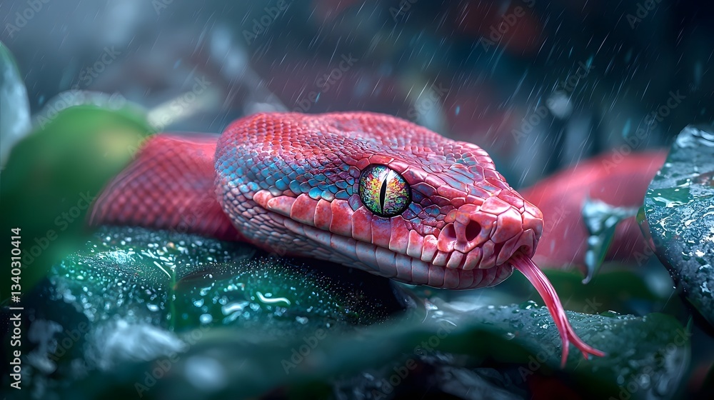 Fototapeta premium Closeup of an iridescent rainbow boa snake slithering and coiled over lush damp rainforest leaves its scales shimmering in the filtered light of the tropical jungle canopy